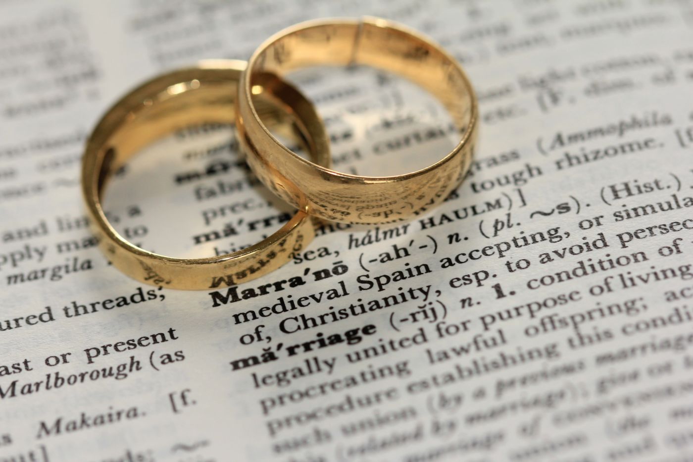 Two rings intertwined over dictionary definition if marriage