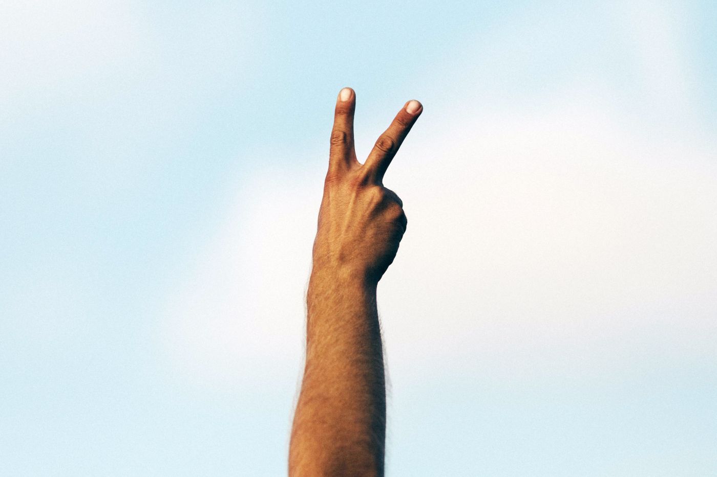 person holding up peace sign