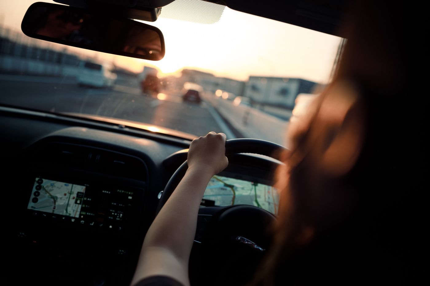 in-car point of view going down highway